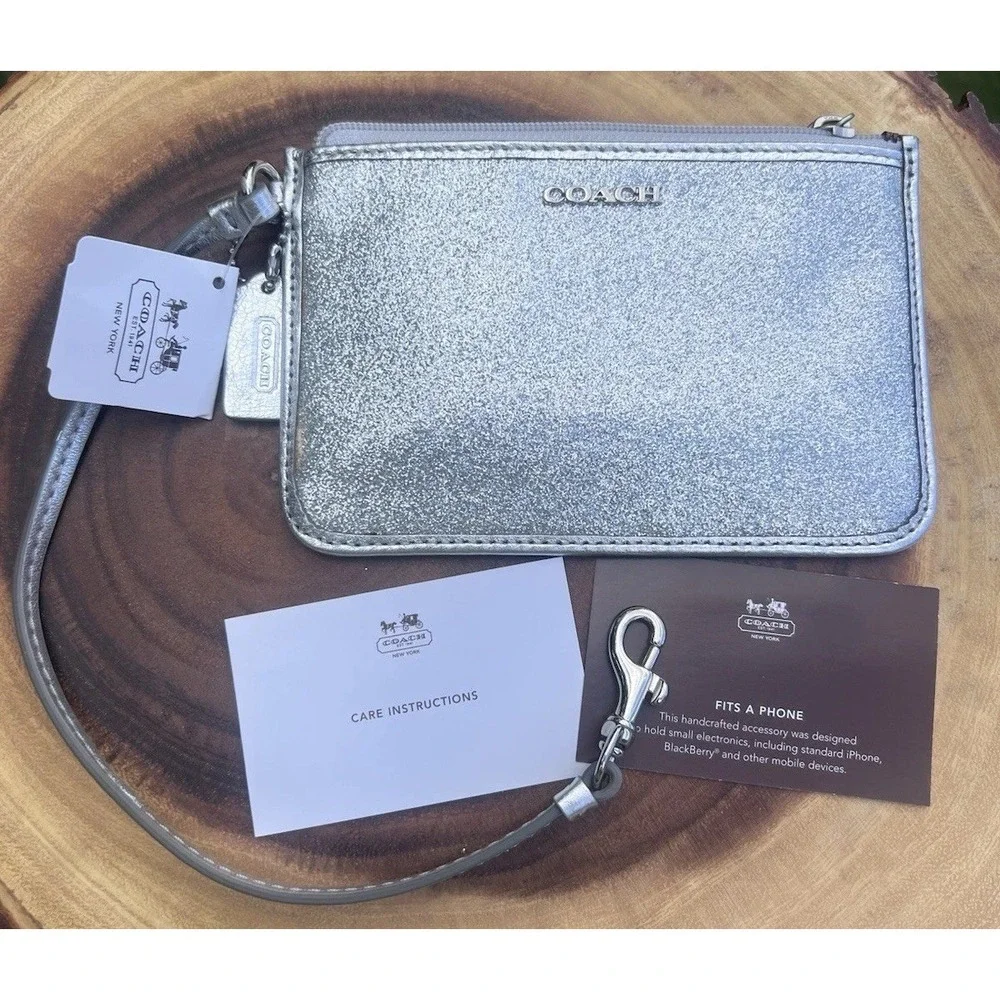 Coach Silver Metallic Glitter Leather Zip Legacy Wristlet Clutch Phone Pouch